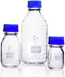 Show details for DURAN® Protect Laboratory Bottles, Plastic Coated, with PP Cap and Pour Ring (Blue), Borosilicate Glass Picture of DURAN® Protect Laboratory Bottles, Plastic Coated, with PP Cap and Pour Ring (Blue), Borosilicate Glass