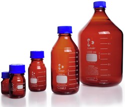 Picture of DURAN® Laboratory Bottles, Amber, with PP Cap and Pour Ring (Blue), Borosilicate Glass