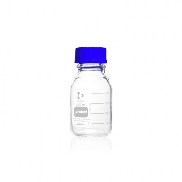 Picture of DURAN® Protect Laboratory Bottles, Plastic Coated, with PP Cap and Pour Ring (Blue), Borosilicate Glass