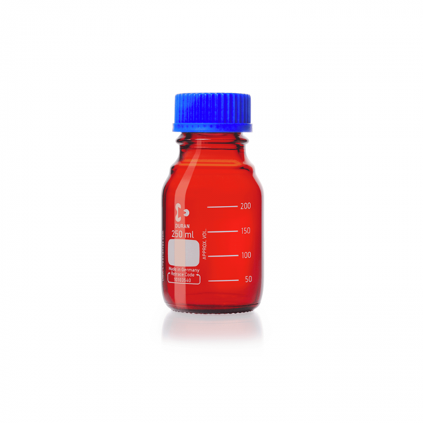 Picture of DURAN® Laboratory Bottles, Amber, with PP Cap and Pour Ring (Blue), Borosilicate Glass