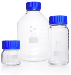 Picture of DURAN® GLS 80® Laboratory Bottles, Wide Mouth, with PP Screw Cap and Pour Ring, Blue, Borosilicate Glass