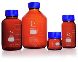 Picture of DURAN® GLS 80® Laboratory Bottles, Wide Mouth, Amber, with PP Screw Cap and Pour Ring, Blue, Borosilicate Glass